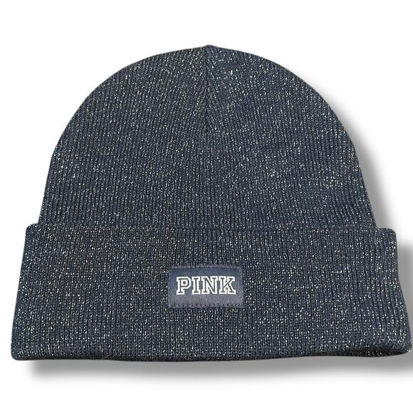 Victorias Secret PINK Knit Beanie Hat Cap Logo Cuff Skull Shimmer Sparkle Gray - Picture 2 of 10